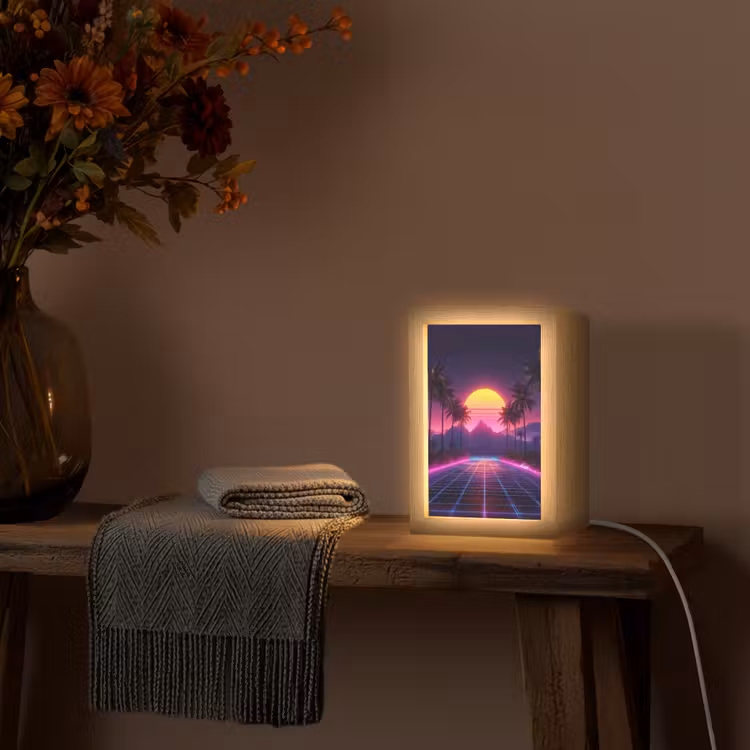 Horizon - Palmbomen - Bergen - Geel Light Box met kabel (Tafellamp) klein -sfeer4