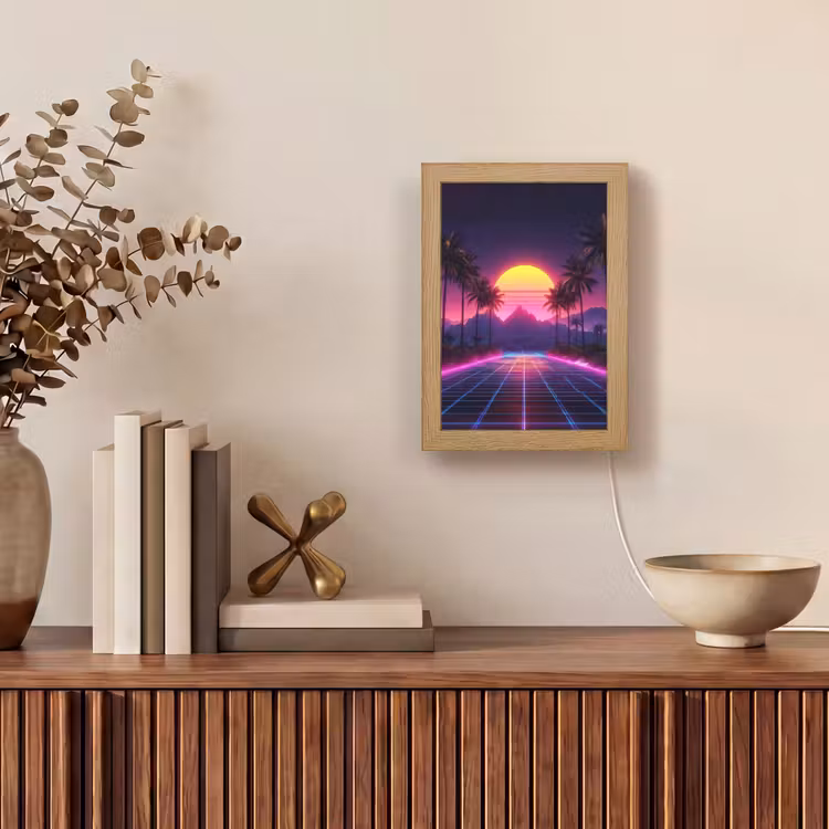 Horizon - Palmbomen - Bergen - Geel Light Box met kabel (Tafellamp) klein -sfeer2