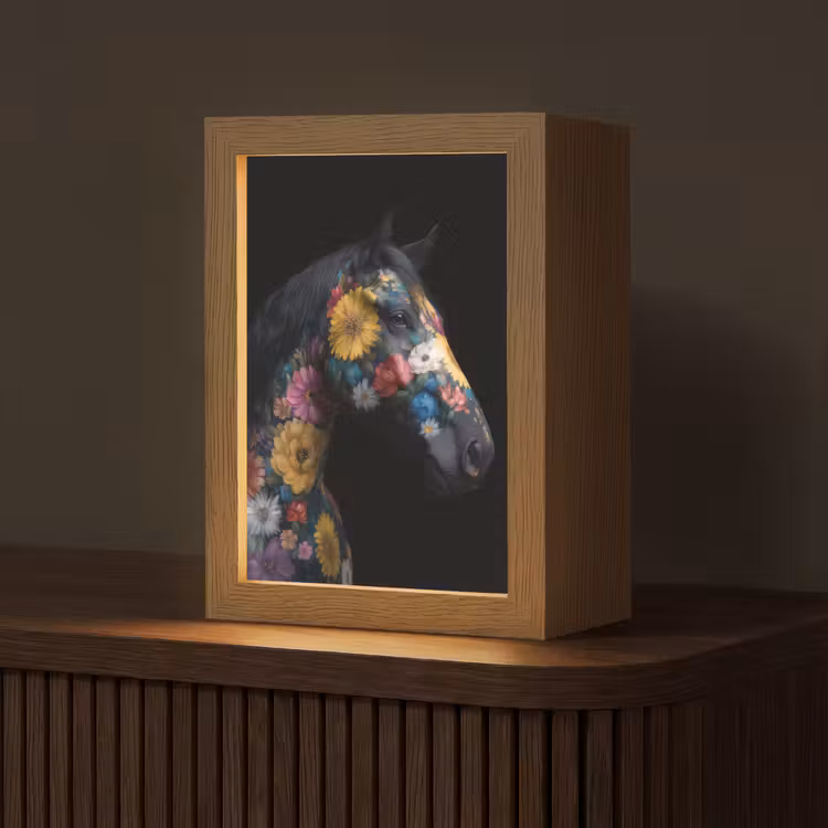 Paard - Bloemen - Zwart Light Box met kabel (Tafellamp) klein -z3d_website