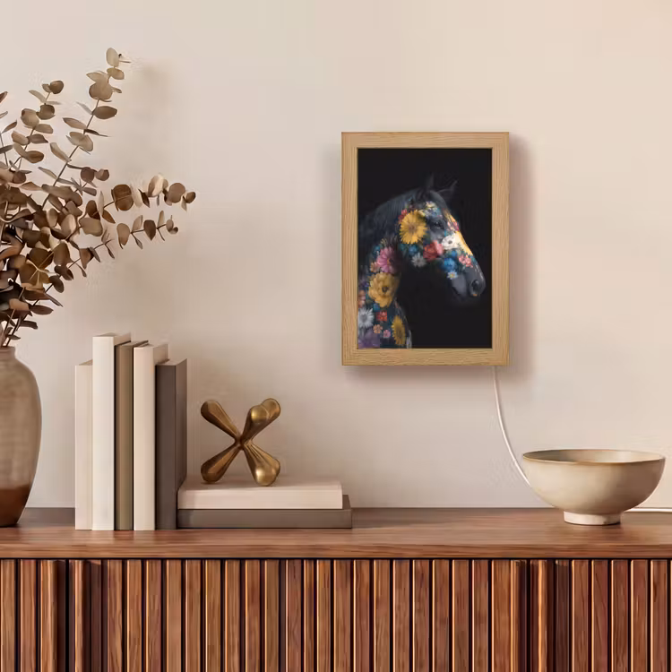 Paard - Bloemen - Zwart Light Box met kabel (Tafellamp) klein -sfeer2