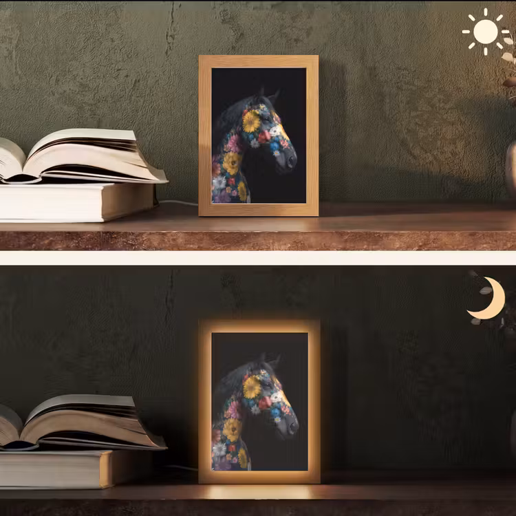 Paard - Bloemen - Zwart Light Box met kabel (Tafellamp) klein -sfeer3