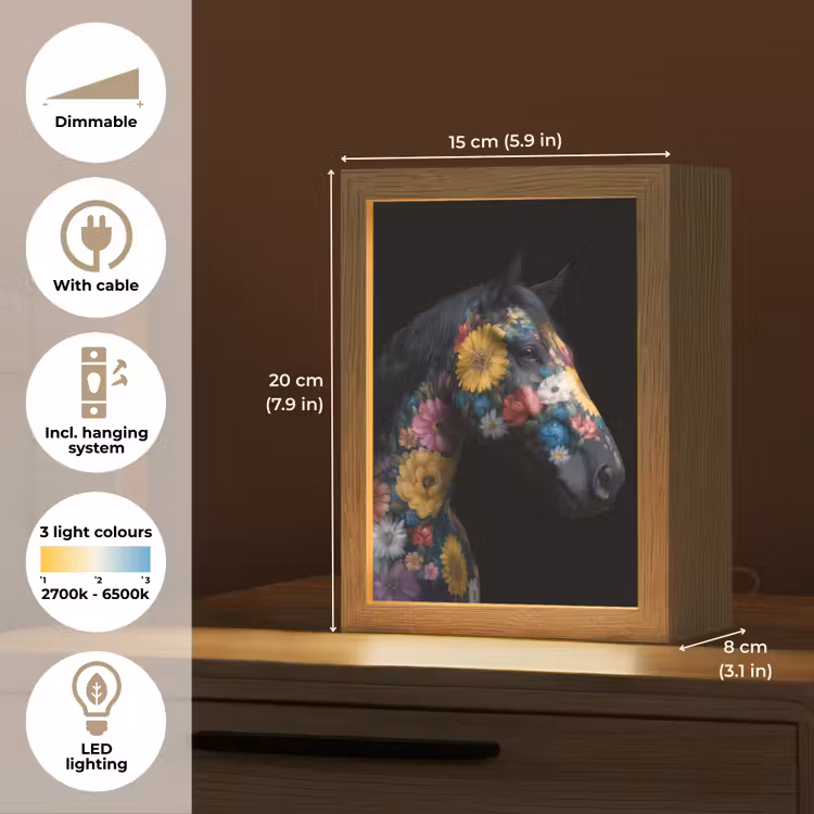 Paard - Bloemen - Zwart Light Box met kabel (Tafellamp) klein -USP_EN