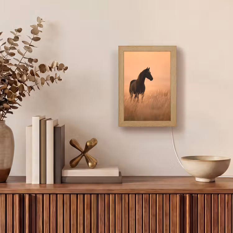 Paard - Grasveld - Zonsondergang Light Box met kabel (Tafellamp) klein -sfeer2