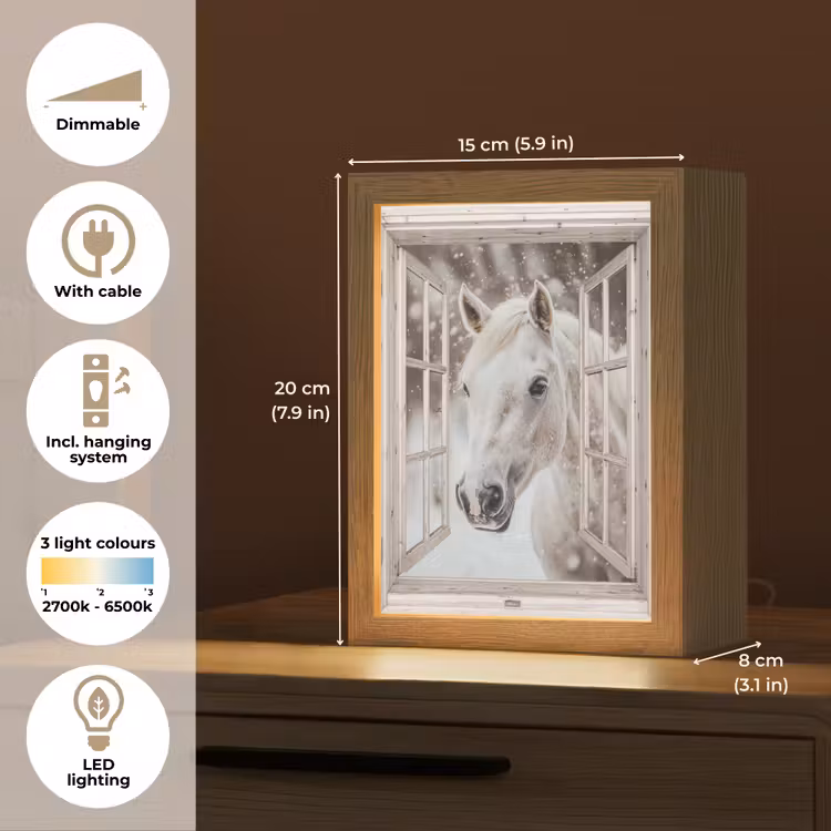 Paard - Wit - Winter - Sneeuw - Doorkijk - Dieren Light Box met kabel (Tafellamp) klein -USP_EN