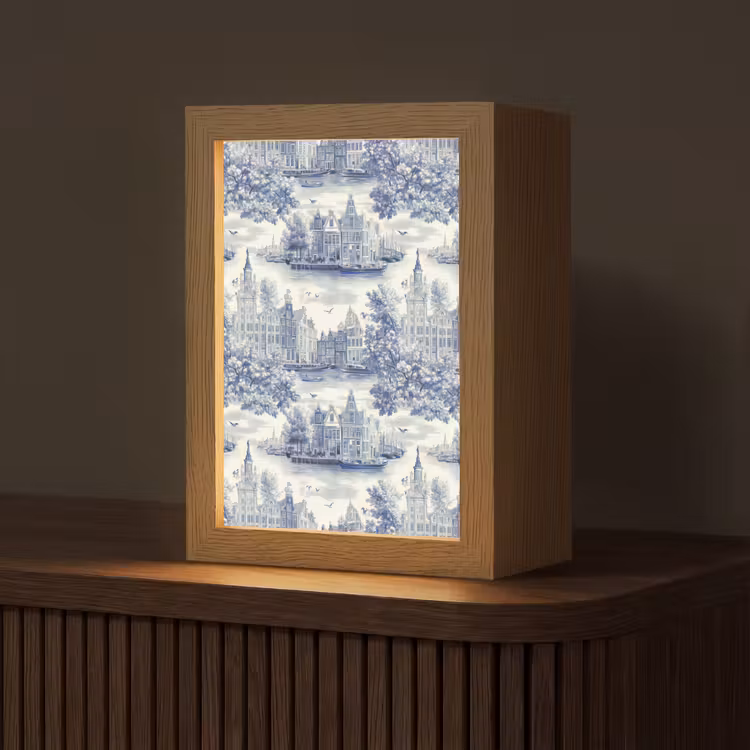 Huizen - Bomen - Water - Vogels - Blauw Light Box met kabel (Tafellamp) klein 925 -z3d_website