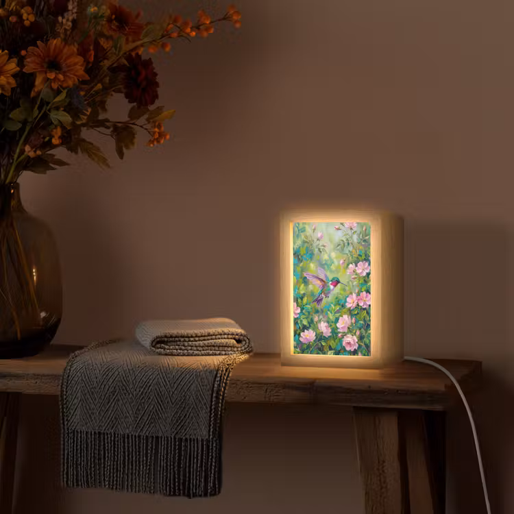 Kolibrie - Bloemen - Natuur - Kleurrijk Light Box met kabel (Tafellamp) klein -sfeer4