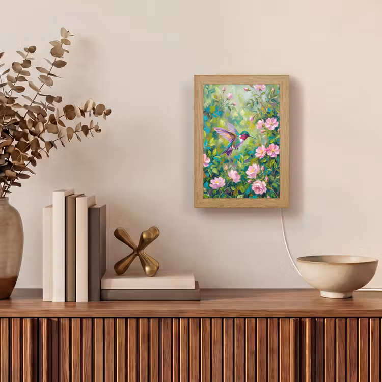 Kolibrie - Bloemen - Natuur - Kleurrijk Light Box met kabel (Tafellamp) klein -sfeer2