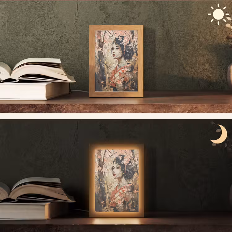 Kimono - Vrouw - kersenbomen Light Box met kabel (Tafellamp) klein -sfeer3