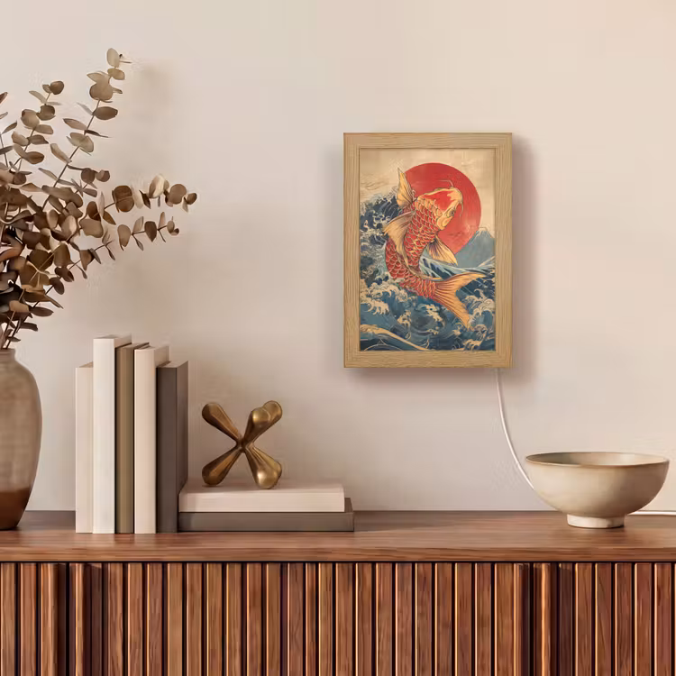 Koi - Zee - Golven - Zon Light Box met kabel (Tafellamp) klein -sfeer2