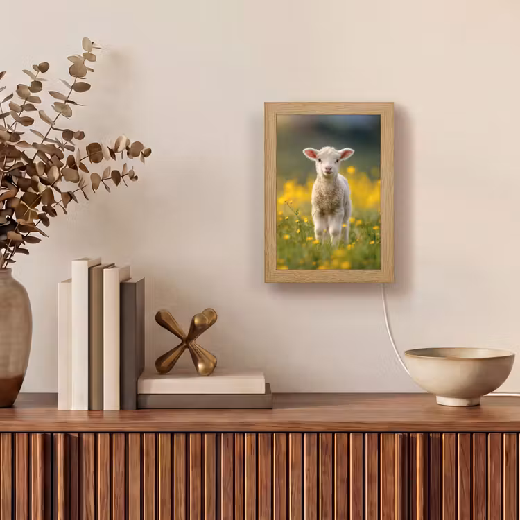 Lammetje - Gras - Bloemen - Geel Light Box met kabel (Tafellamp) klein -sfeer2