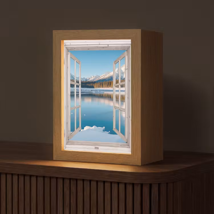 Landschap - Winter - Meer - Bergen - Uitzicht - Doorkijk - Licht Light Box met kabel (Tafellamp) klein -z3d_website