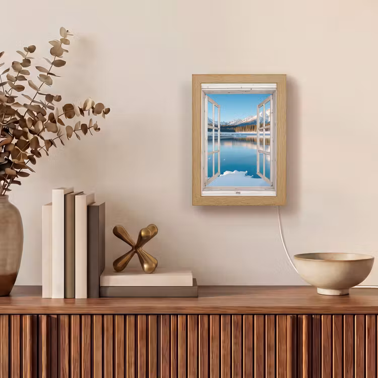 Landschap - Winter - Meer - Bergen - Uitzicht - Doorkijk - Licht Light Box met kabel (Tafellamp) klein -sfeer2