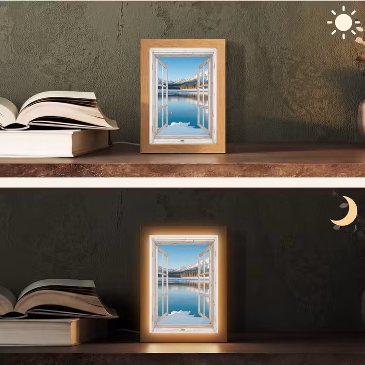 Landschap - Winter - Meer - Bergen - Uitzicht - Doorkijk - Licht Light Box met kabel (Tafellamp) klein -sfeer3