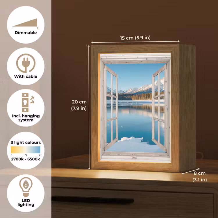Landschap - Winter - Meer - Bergen - Uitzicht - Doorkijk - Licht Light Box met kabel (Tafellamp) klein -USP_EN