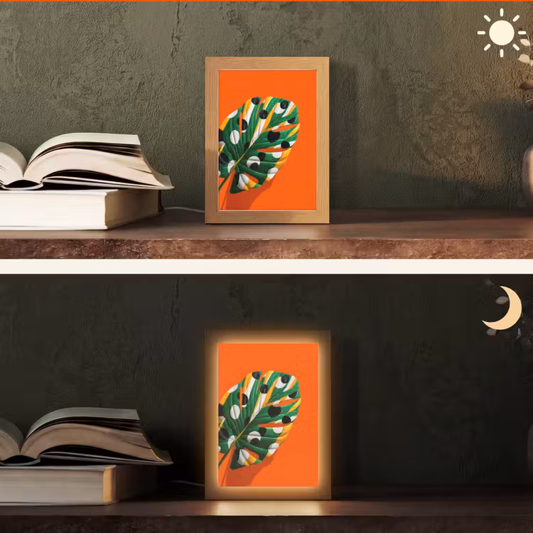 Blad - Oranje - Stippen - Kleurrijk Light Box met kabel (Tafellamp) klein -sfeer3