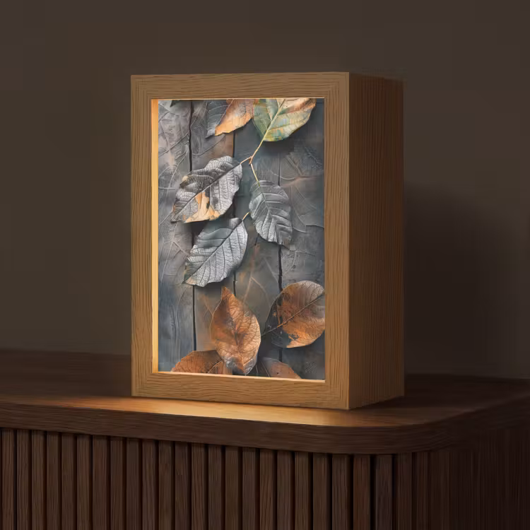 Bladeren - Herfst - Grijs - Natuur Light Box met kabel (Tafellamp) klein -z3d_website