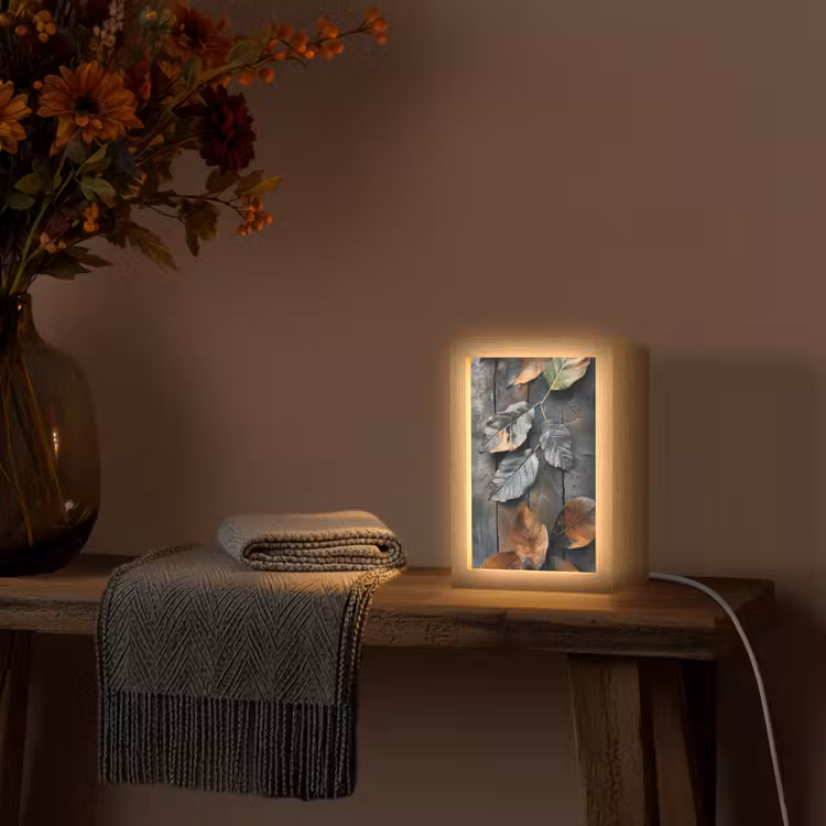 Bladeren - Herfst - Grijs - Natuur Light Box met kabel (Tafellamp) klein -sfeer4