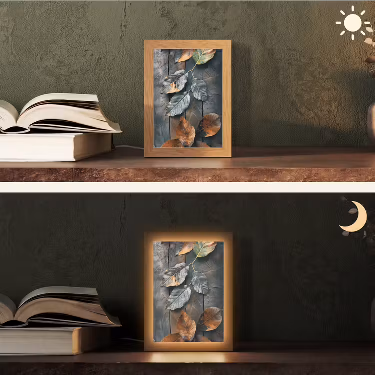 Bladeren - Herfst - Grijs - Natuur Light Box met kabel (Tafellamp) klein -sfeer3