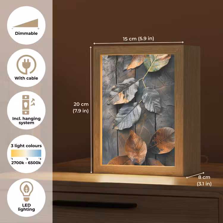 Bladeren - Herfst - Grijs - Natuur Light Box met kabel (Tafellamp) klein -USP_EN