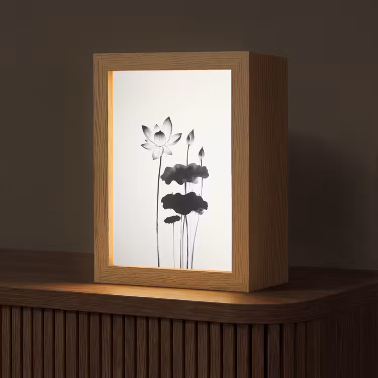 Bladeren - Zwart - Lotusbloem - Minimalitisch Light Box met kabel (Tafellamp) klein -z3d_website