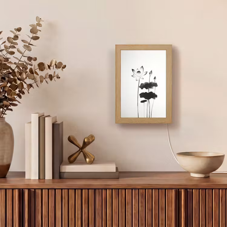 Bladeren - Zwart - Lotusbloem - Minimalitisch Light Box met kabel (Tafellamp) klein -sfeer2