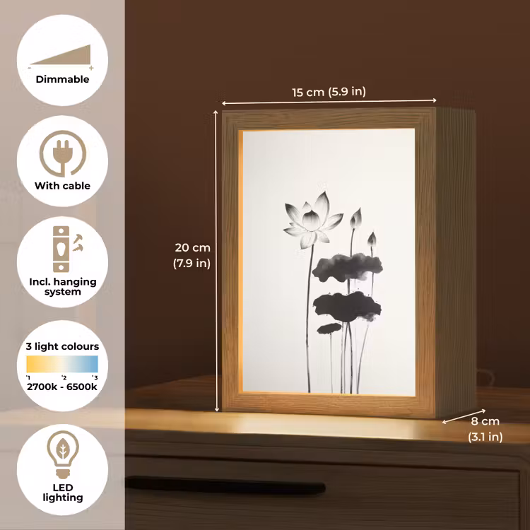 Bladeren - Zwart - Lotusbloem - Minimalitisch Light Box met kabel (Tafellamp) klein -USP_EN