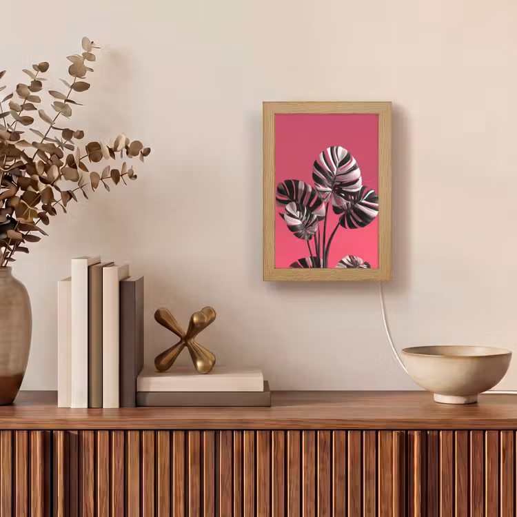 Bladeren - Rond - Roze Light Box met kabel (Tafellamp) klein -sfeer2
