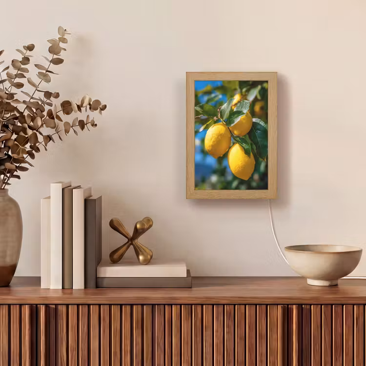Citroenen - Bladeren - Blauwe lucht Light Box met kabel (Tafellamp) klein -sfeer2