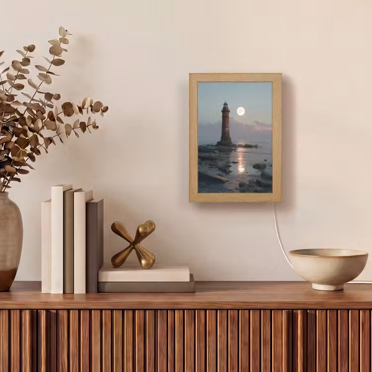 Vuurtoren - Stenen - Water - Maan Light Box met kabel (Tafellamp) klein -sfeer2