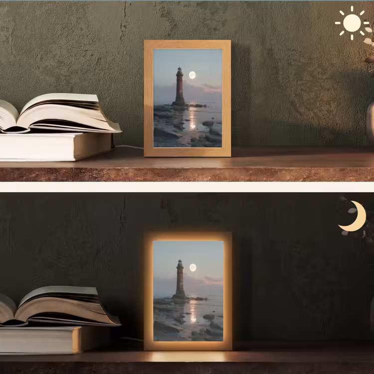 Vuurtoren - Stenen - Water - Maan Light Box met kabel (Tafellamp) klein -sfeer3