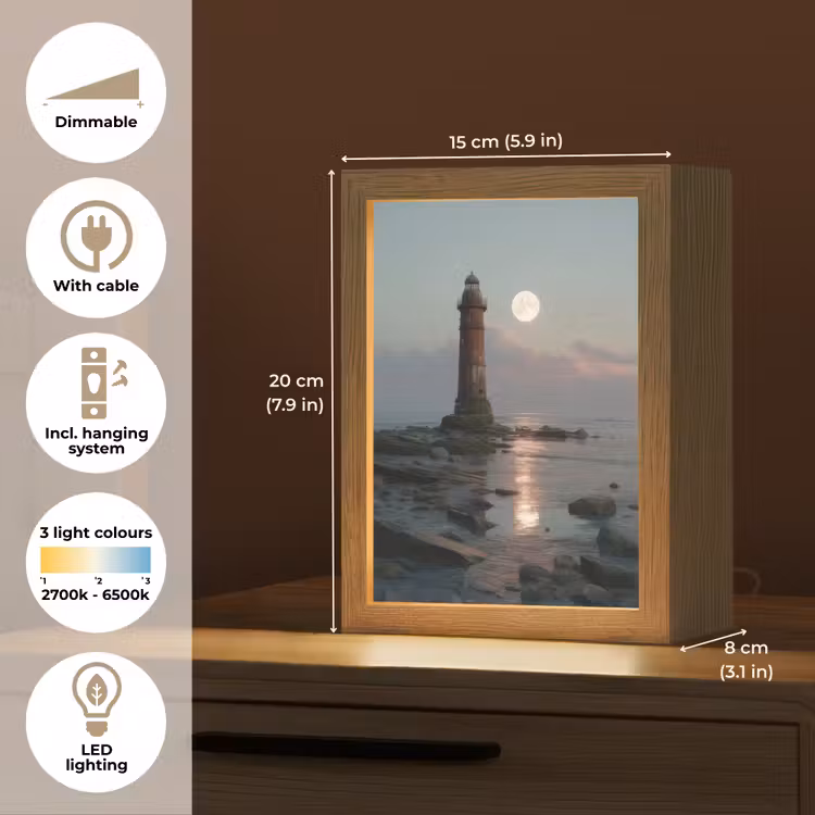 Vuurtoren - Stenen - Water - Maan Light Box met kabel (Tafellamp) klein -USP_EN