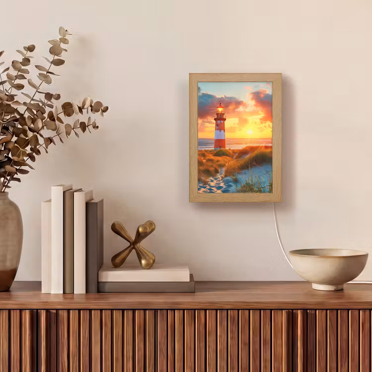 Vuurtoren - Zonsondergang - Duinen - Horizon Light Box met kabel (Tafellamp) klein -sfeer2