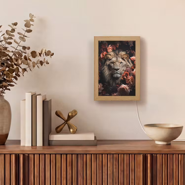Leeuw - Dier - Natuur - Botanisch - Bloemen - Roze Light Box met kabel (Tafellamp) klein -sfeer2