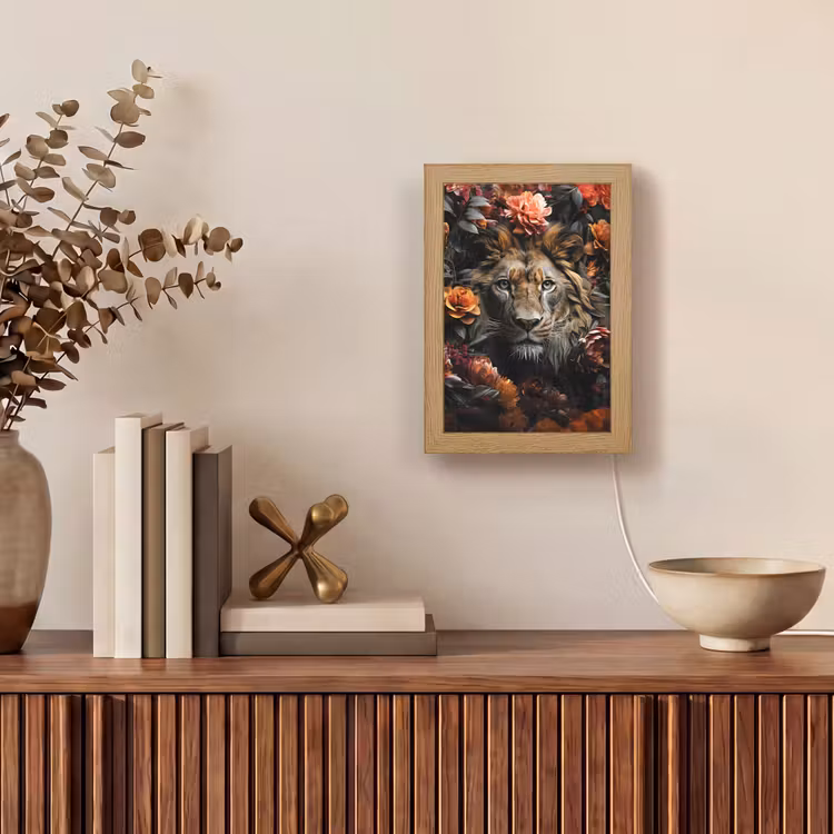 Leeuw - Dier - Natuur - Bloemen - Botanisch Light Box met kabel (Tafellamp) klein -sfeer2