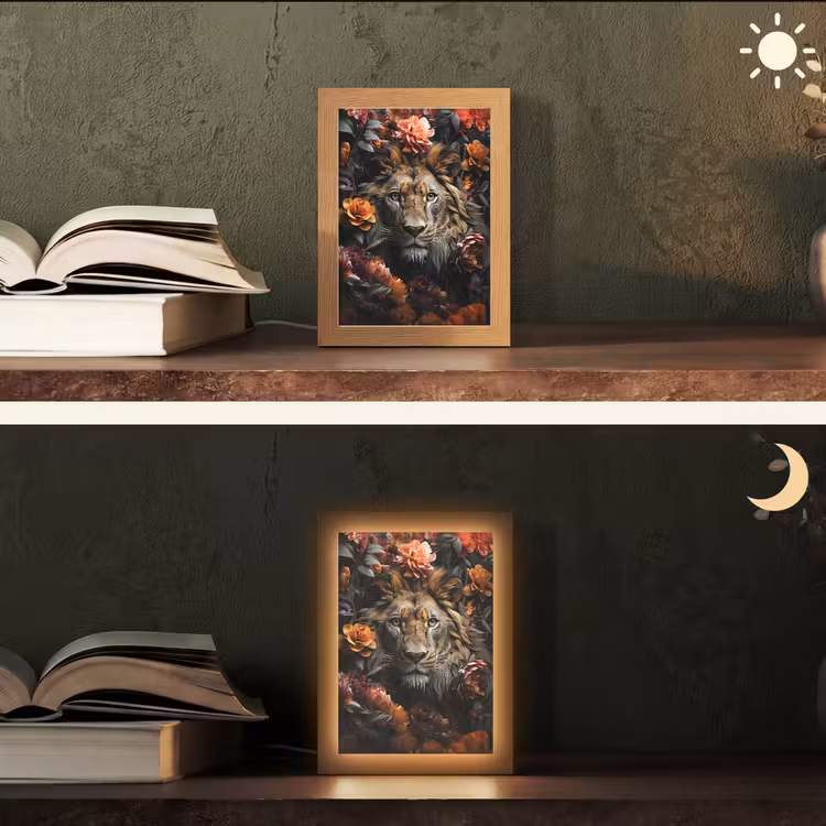 Leeuw - Dier - Natuur - Bloemen - Botanisch Light Box met kabel (Tafellamp) klein -sfeer3