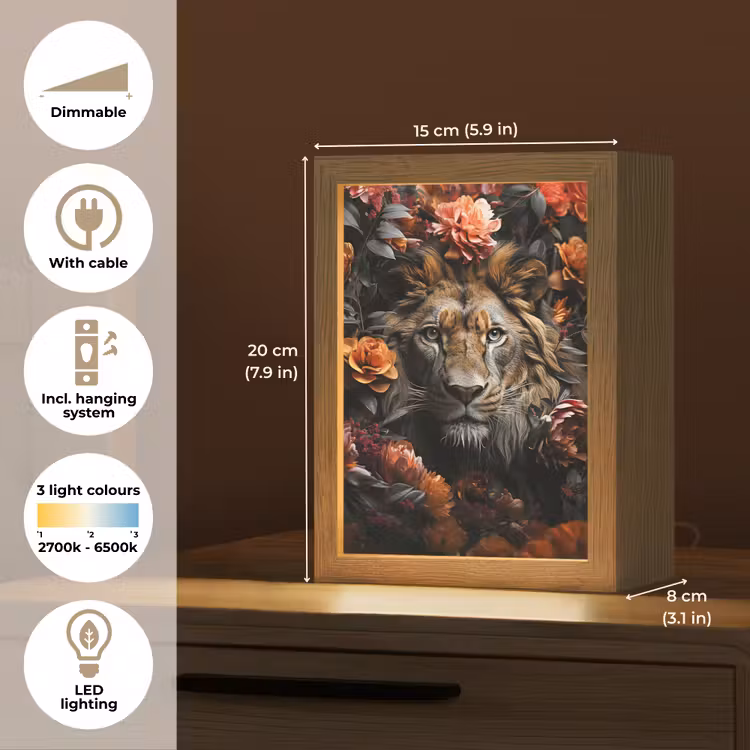 Leeuw - Dier - Natuur - Bloemen - Botanisch Light Box met kabel (Tafellamp) klein -USP_EN