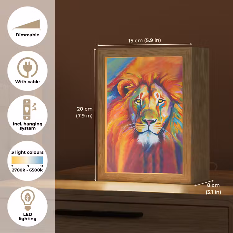 Leeuw - Dieren - Olieverf - Regenboog Light Box met kabel (Tafellamp) klein -USP_EN