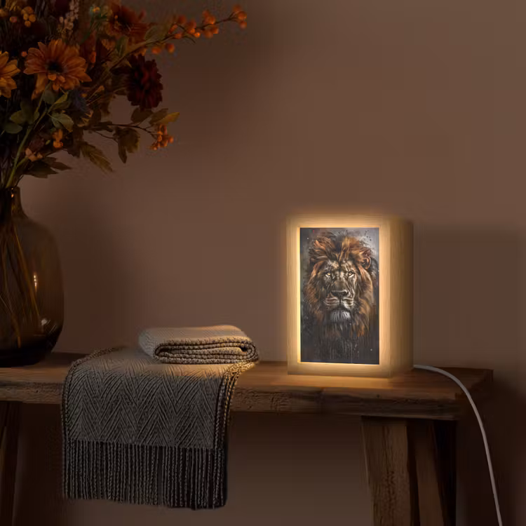 Leeuw - Dieren - Portret - Zwart - Luxe Light Box met kabel (Tafellamp) klein -sfeer4