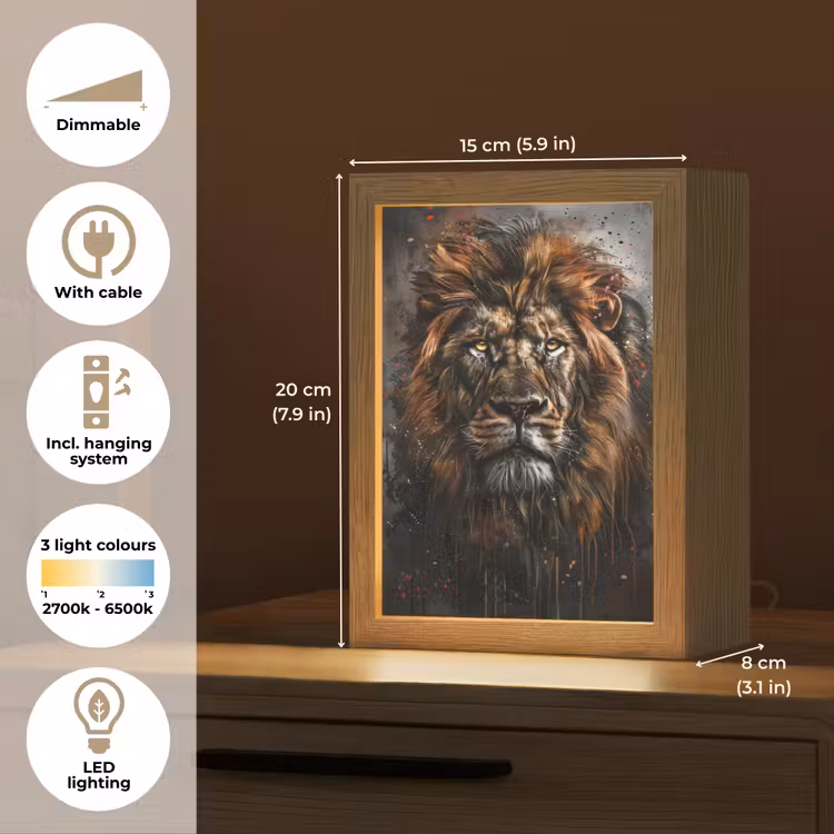Leeuw - Dieren - Portret - Zwart - Luxe Light Box met kabel (Tafellamp) klein -USP_EN