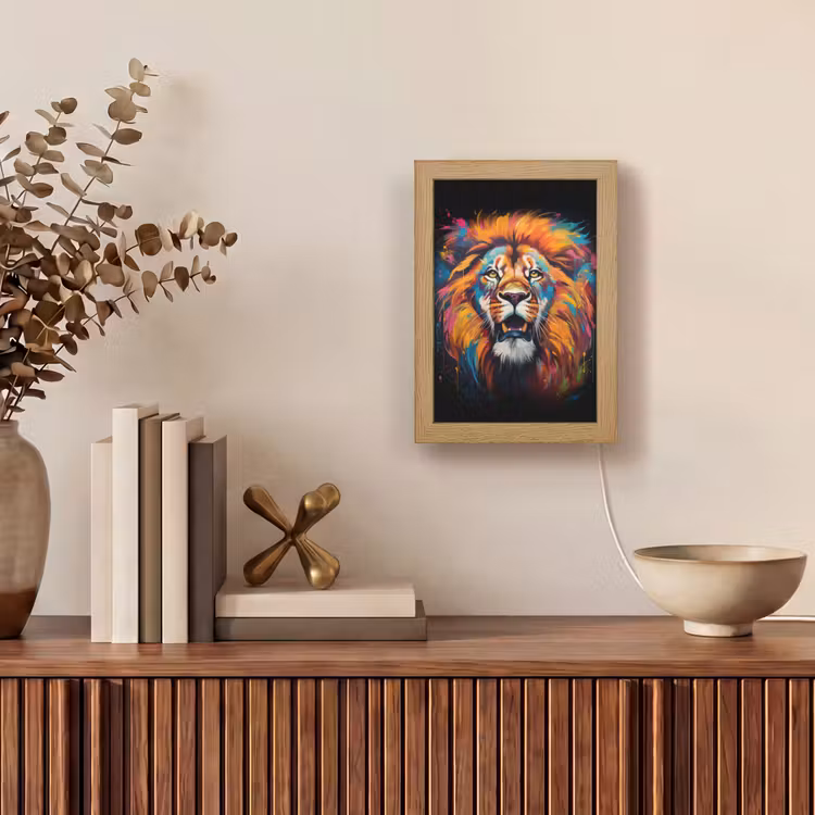 Leeuw - Graffiti - Dieren - Zwart Light Box met kabel (Tafellamp) klein -sfeer2