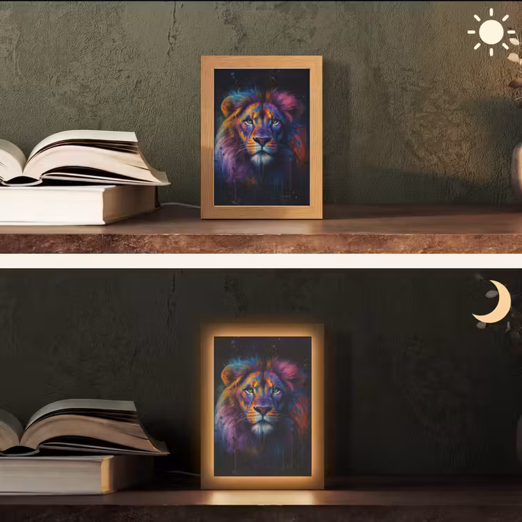 Leeuwenkop - Felgekleurd - Abstract Light Box met kabel (Tafellamp) klein -sfeer3
