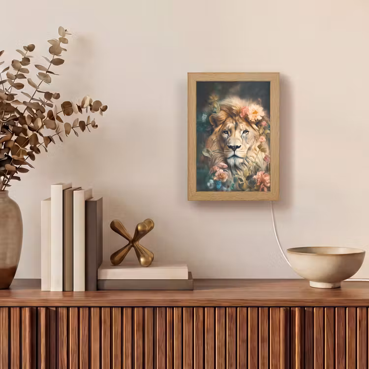 Leeuw - Leeuwenkop - Wilde dieren - Bloemen Light Box met kabel (Tafellamp) klein -sfeer2