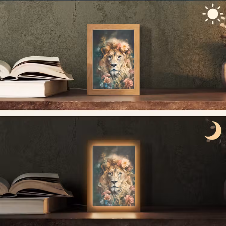 Leeuw - Leeuwenkop - Wilde dieren - Bloemen Light Box met kabel (Tafellamp) klein -sfeer3