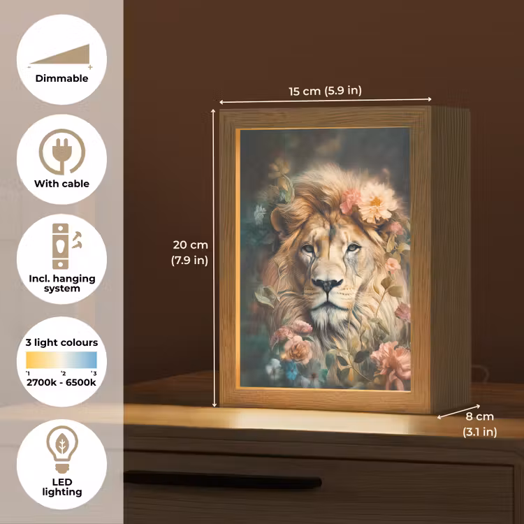 Leeuw - Leeuwenkop - Wilde dieren - Bloemen Light Box met kabel (Tafellamp) klein -USP_EN