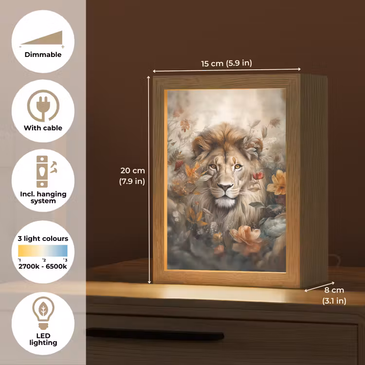 Leeuw - Wilde dieren - Planten - Natuur - Bloemen Light Box met kabel (Tafellamp) klein -USP_EN