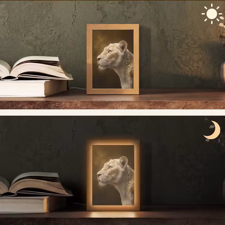 Leeuwin - Bloemen - Wit - Goud Light Box met kabel (Tafellamp) klein -sfeer3