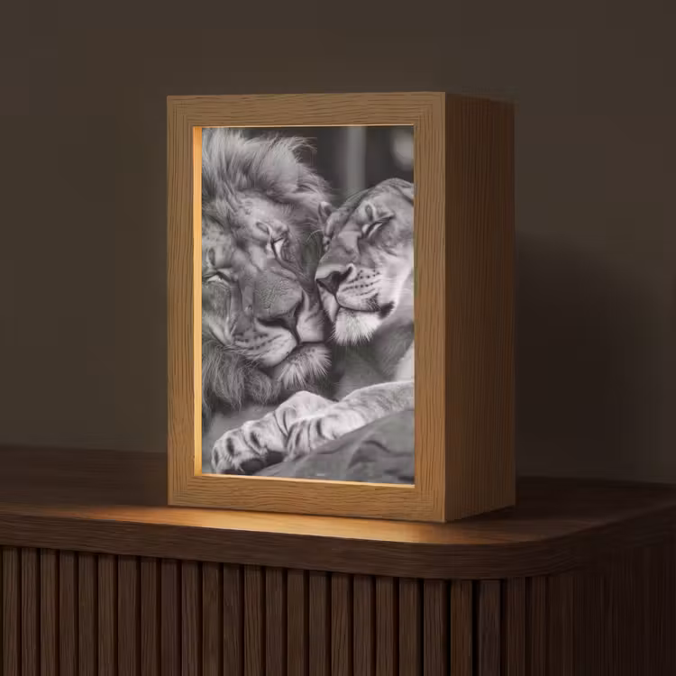 Leeuwen - Dieren - Zwart - Wit - Leeuw Light Box met kabel (Tafellamp) klein -z3d_website