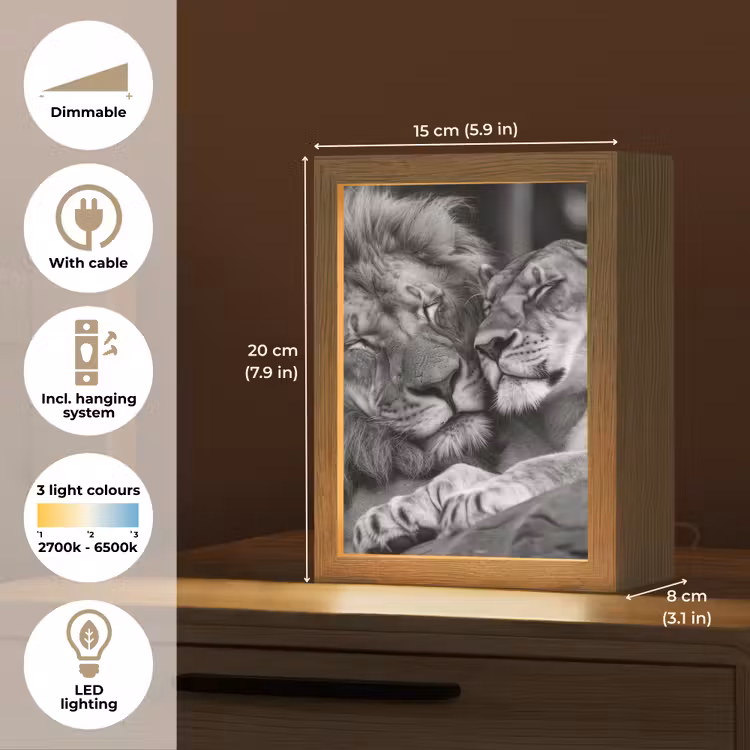 Leeuwen - Dieren - Zwart - Wit - Leeuw Light Box met kabel (Tafellamp) klein -USP_EN