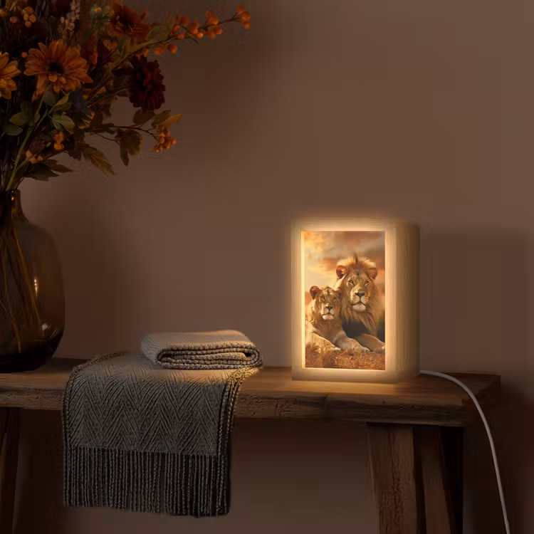 Leeuwen - Zonsondergang - Afrika - Savanne - Dieren Light Box met kabel (Tafellamp) klein -sfeer4