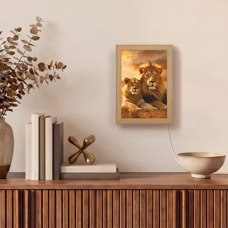 Leeuwen - Zonsondergang - Afrika - Savanne - Dieren Light Box met kabel (Tafellamp) klein -sfeer2